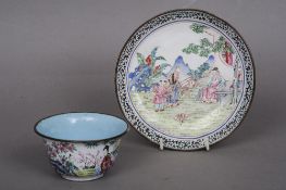 A 19th century Canton enamel bowl and saucer
Each decorated with various figures in landscapes.  The