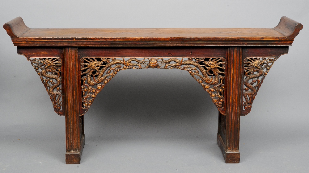 A 19th century Chinese elm and boxwood altar tableOf typical shaped rectangular form with a dragon