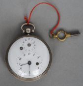 A Continental white metal cased alarm pocket watch
The white enamel dial with Arabic numerals and