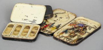 Three old black japanned fly boxes with salmon flies  (3)