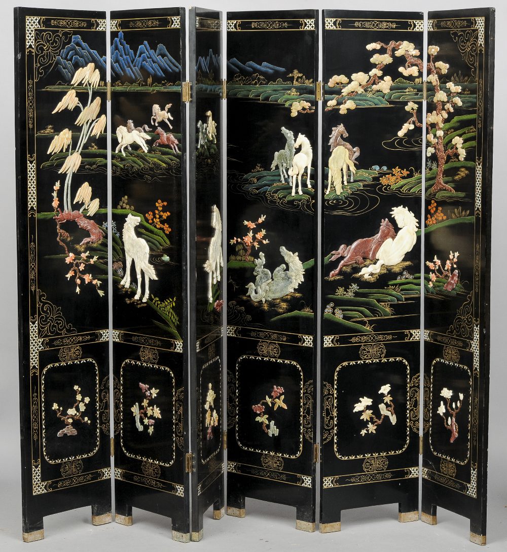 A Chinese hardstone inset lacquered six fold screen
Decorated with horses within a landscape.  183