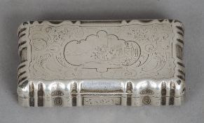 An 18th/19th century Continental unmarked silver snuff box
Of shaped rectangular form, the hinged