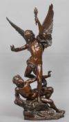 A patinated bronze figural group
Formed as a fallen figure beneath an angel carrying a torch, the
