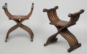 Four 19th century Anglo-Indian carved hardwood folding stools
Each of X-frame design and with