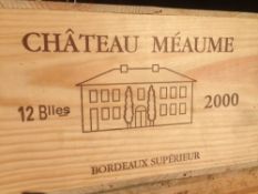 Chateau Meaume Bordeaux Superieur 2000
Twelve bottles in old wooden case.  (12)   CONDITION REPORTS: