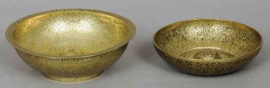 Two engraved brass magic bowls
One 18th century Indian with traces of black lacquer, the other