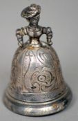 A 19th century Dutch silver miniature bell
Formed as the figure of a woman, the base rim