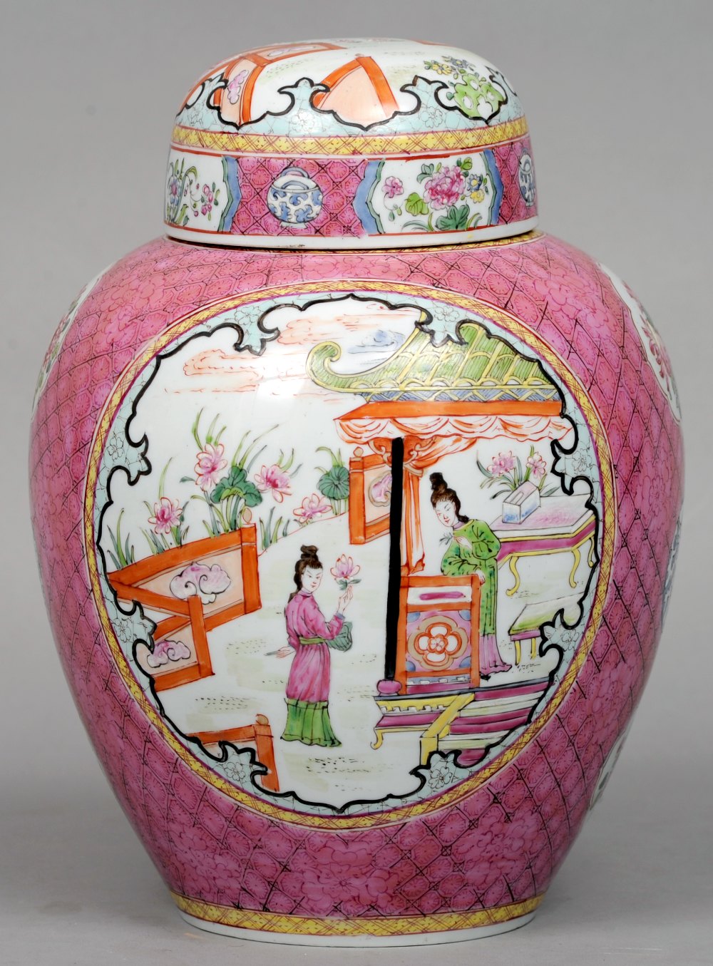 A Sampson porcelain ginger jar and cover
The pink ground decorated with twin figural vignettes and