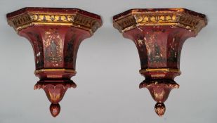 A pair of Regency wall brackets
Each chinoiserie decorated on a red ground with gilt bands.  27.5
