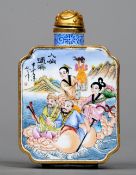 A Canton enamel decorated gilt metal snuff bottle
Decorated with twin vignettes of deities and