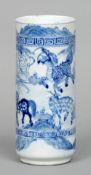 A Chinese porcelain sleeve vase
Decorated in underglaze blue with various animals, blue painted four