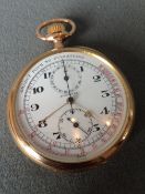 An 18 ct gold Longines pocket watch
The white enamel dial with Arabic numerals and subsidiary