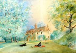ENGLISH NAIVE SCHOOL (19th/20th century)
Figure Resting on a Croquet Lawn Before a Country House