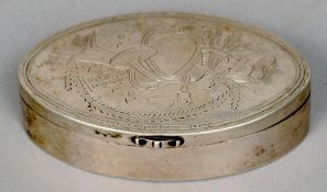 An 18th century unmarked silver snuff box
Of oval form, the hinged lid engraved with musical