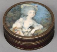 An 18th century portrait miniature mounted snuff box
With unmarked silver gilt banding, the lid