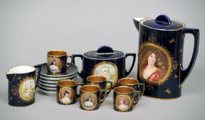 A Continental porcelain coffee service
Each piece decorated with a portrait vignette on a blue