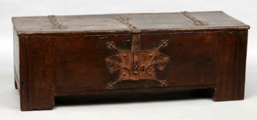 A 16th century German (Westphalian) oak coffer or "Stollentruhe", of large proportions
With original