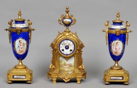 A Continental porcelain and gilt metal mounted clock garniture
The scroll cast clock with and