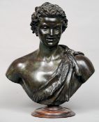 After the Antique
A bust, probably Pan, modelled wearing a goat hide robe
Patinated bronze,