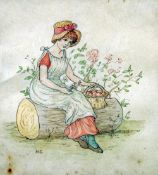 Attributed to KATE GREENAWAY (1846-1901) BritishYoung Girl Seated on a Log With a Basket of FruitInk