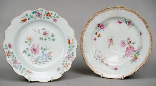 Two 18th century polychrome decorated Chinese plates
Each decorated with floral sprays.  Each 22 cms