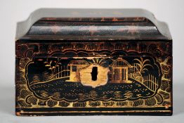 A 19th century Chinese lacquered box, possibly a tea caddy
With a hinged domed lid decorated with