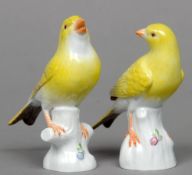 A pair of Meissen porcelain canaries
Each well modelled perched on a tree stump, blue painted