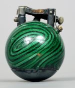An unusual Dunhill Unique lighter
The ball form body with faux malachite decoration.  5 cms