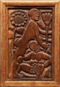 A carved wood panel
Depicting stylised figures and flora, including sunflowers, framed.  30.5 x 48.5