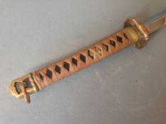 A Japanese katana 
The handle with bronze and brass mounts, the end with a copper suspension