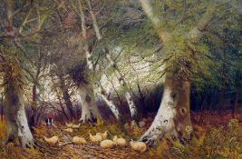 ENGLISH SCHOOL (19th/20th century)
Sheep and a Couple in Woodland
Oil on canvas
Indistinctly signed,