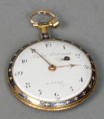 An 18th century unmarked 18 ct gold enamel decorated pocket watch
The white enamel dial with