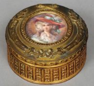 A 19th century Continental portrait miniature mounted gilt bronze box
The domed removable lid