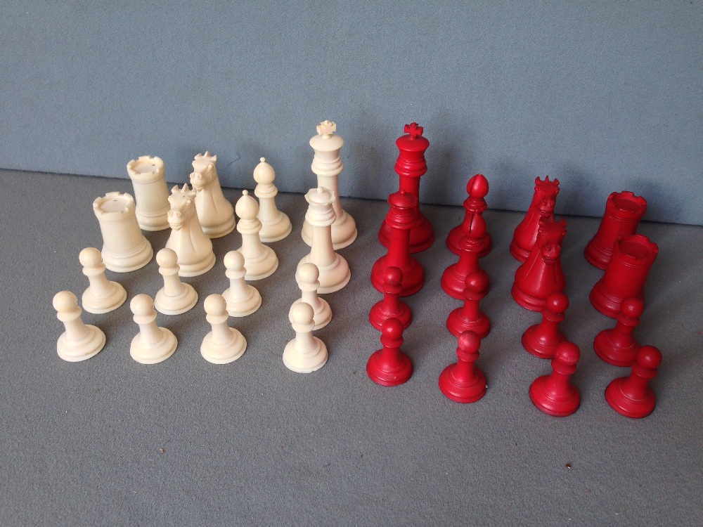 A Victorian carved and stained ivory Staunton pattern chess set
The kings 7.5 cms high.