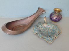 A 19th century Iranian Qajar  gilt copper and enamel dish
Of leaf form with loop handle; together