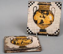 A pair of 18th/19th century tiles
Each decorated with early Greek vase decoration.  Each 20 cms