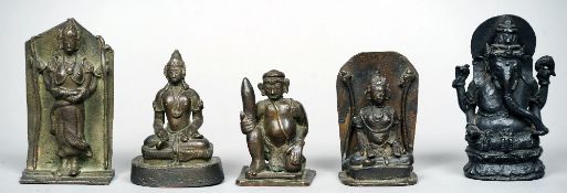 A group of five 18th/19th century Indian bronzes
Formed as various deities, including Ganesh.  The