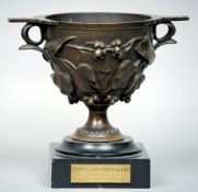 A French Art Nouveau bronze pedestal urn
The twin loop handles above the main body with cast