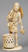 A 19th century Japanese ivory okimono
Formed as a peasant farmer, with flowers in his hand before