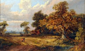 NORWICH SCHOOL (19th century)Figures in a Rural LandscapeOil on panel55 x 16 cms, framed CONDITION