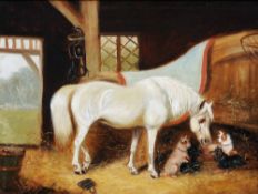 GEORGE ARMFIELD (1808-1884) British
Grey Horse and Terriers in a Stable Interior
Oil on canvas