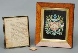 A 19th century painted and decoupaged crest for Hippesley together with an 18th century letter from