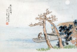 A pair of Japanese ink and watercolour pictures on paper
One depicting a family fishing, the other a