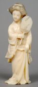 A Japanese ivory okimono 
Formed as Geisha holding a fan, the underside signed.  11 cms high.