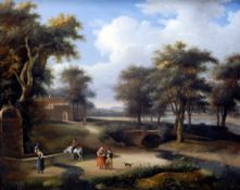 CONTINENTAL SCHOOL (18th century)
Figures in a Rural River Landscape
Oil on board
Signed with
