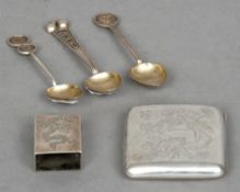 Three Chinese silver teaspoons, a Chinese unmarked silver cigarette case and a Chinese silver