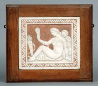 An early 20th century carved marble plaque
Depicting Venus and cupid, the corner initialled MB?,