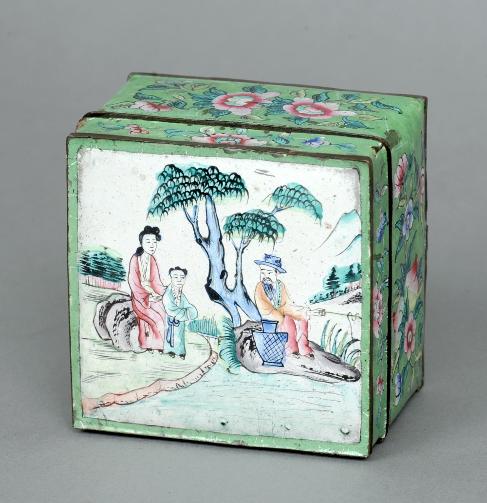A late 19th/early 20th century Cantonese enamel box
The removable lid decorated with figures fishing