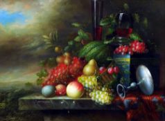 F. BRIDGEMAN (20th century) British
Still Life of Fruit on a Ledge
Oil on panel
Signed
39.5 x 29