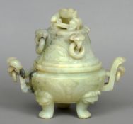 A large 19th century pale celadon hardstone three section censer 
The pierced lid formed as a dragon